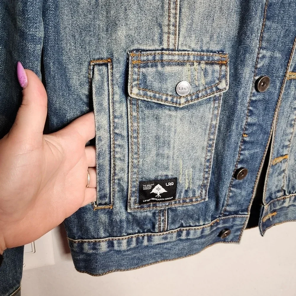 LRG Lifted Research Group Denim Distressed Hooded‎ Jacket.  Men's size small.